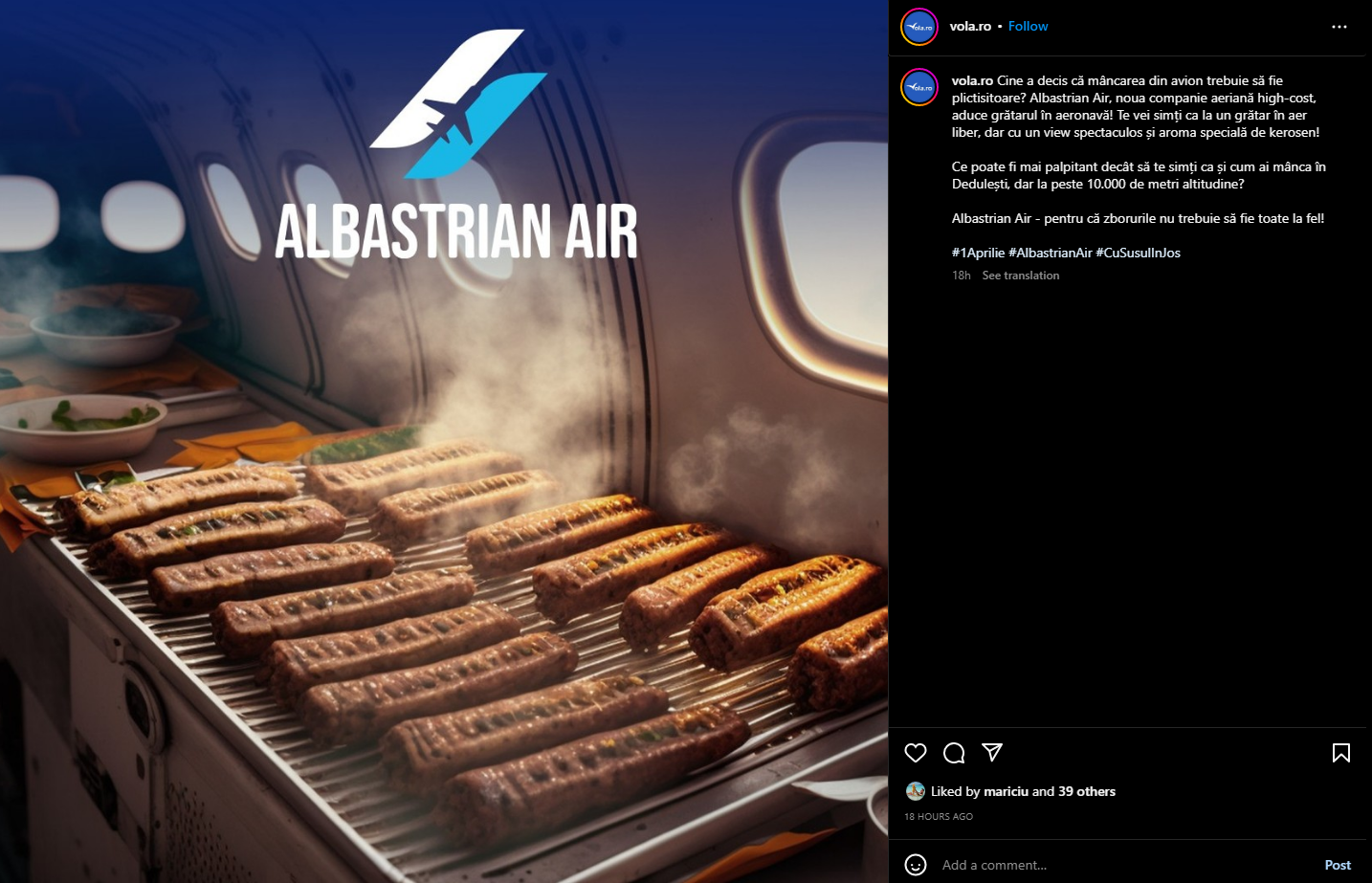 Cine a decis că mâncarea din avion trebuie să fie plictisitoare? Albastrian Air, noua companie aeriană high-cost, aduce grătarul în aeronavă! Te vei simți ca la un grătar în aer liber, dar cu un view spectaculos și aroma specială de kerosen! Ce poate fi mai palpitant decât să te simți ca și cum ai mânca în Dedulești, dar la peste 10.000 de metri altitudine?